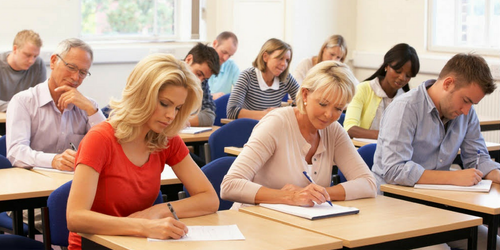 A group of people are sitting at desks in a classroom taking a test.