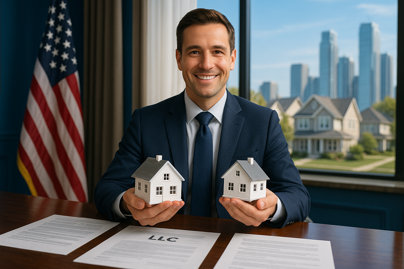 Empresario extranjero sostiene modelos de casas representando la inversión inmobiliaria en EE.UU. me