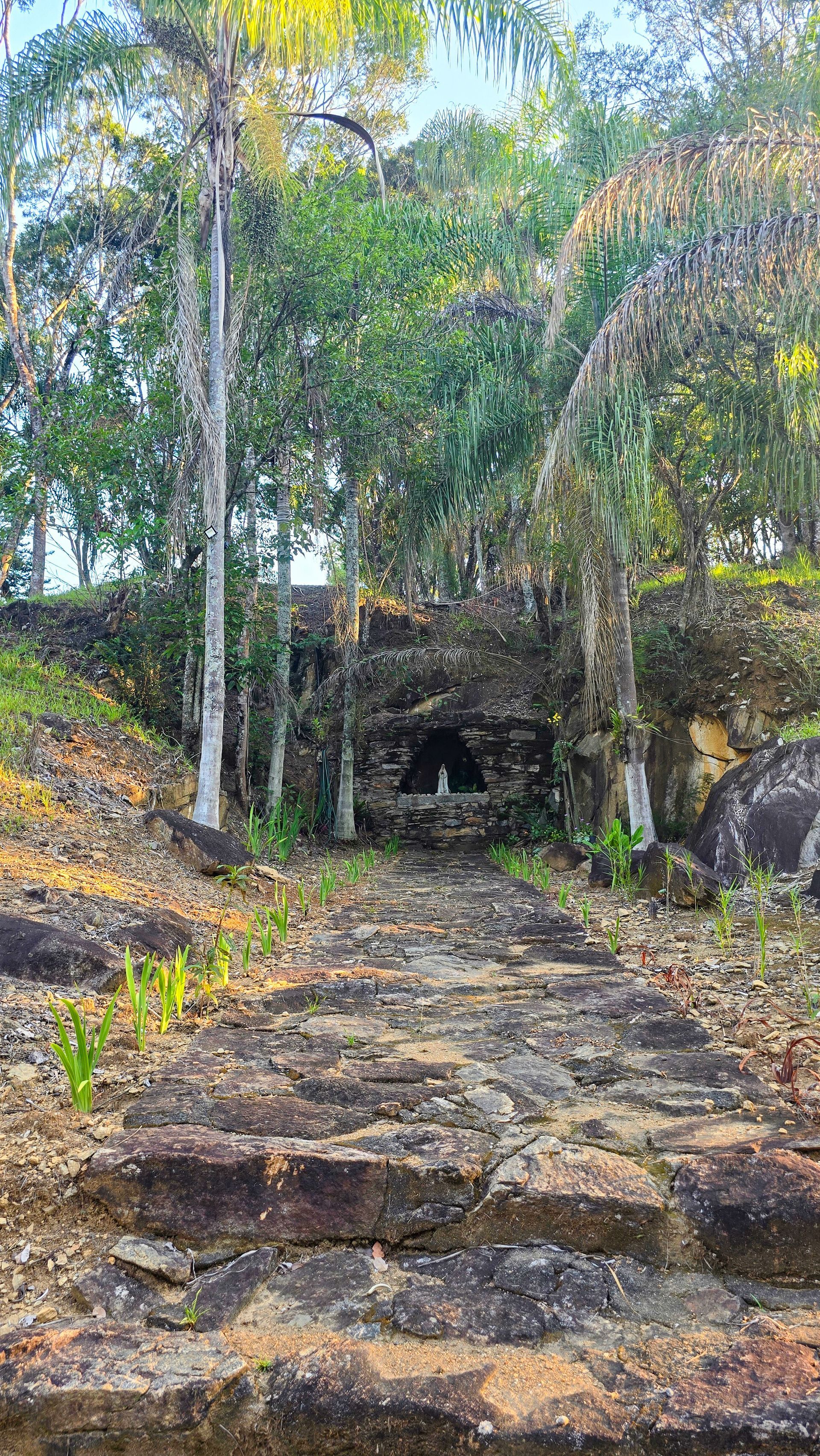 Degraus de pedra conduzem à entrada de uma caverna sombreada por árvores.