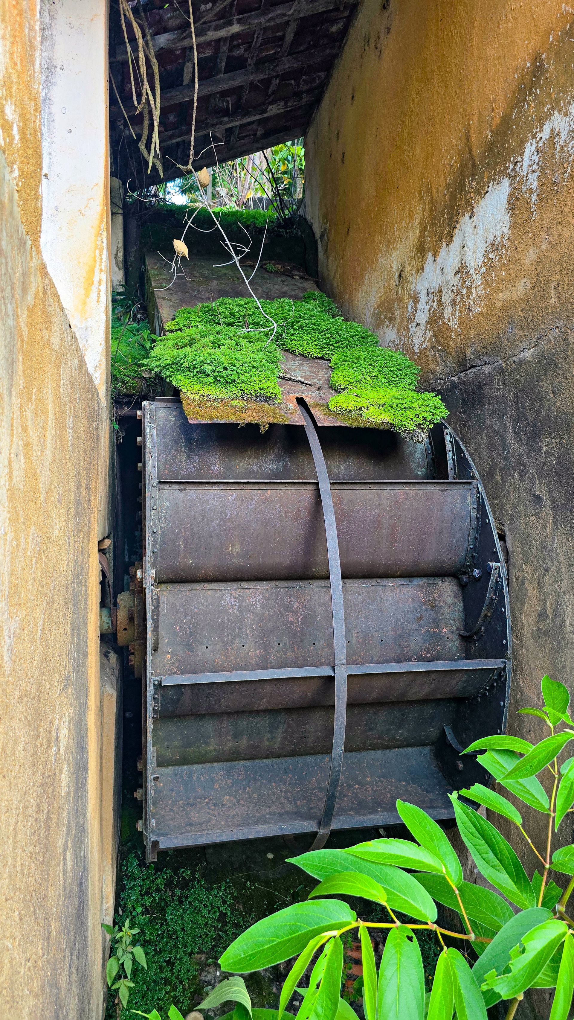 Roda d'água com baldes de metal, musgo e água jorrando em uma estrutura de pedra desgastada.