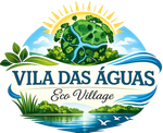 Logotipo da Eco Vila com sol, ilha em forma de globo com água e texto Vila das Águas com o subtítulo “Eco Vila”.