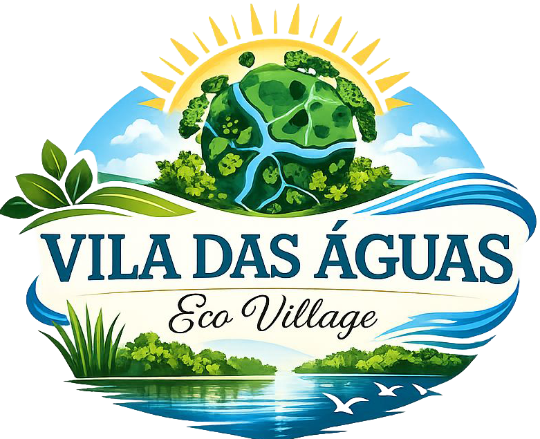 Logotipo da Eco Vila com sol, ilha em forma de globo com água e texto Vila das Águas com o subtítulo “Eco Vila”.
