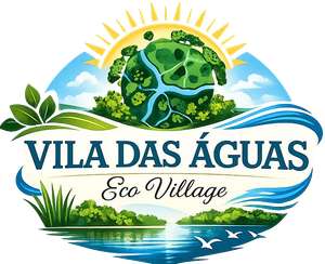 Logotipo da Eco Vila com sol, ilha em forma de globo com água e texto Vila das Águas com o subtítulo “Eco Vila”.