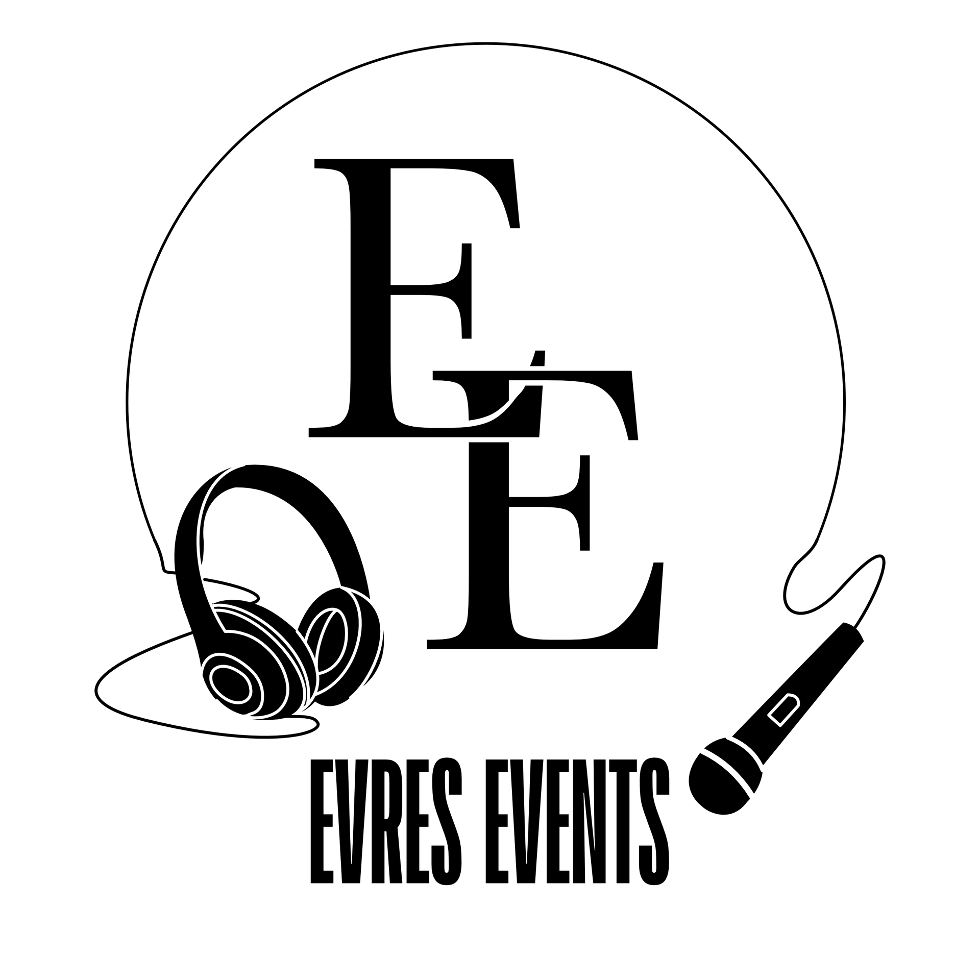 EVRES EVENTS logo with large black E letters, headphones, microphone, and a speech bubble outline