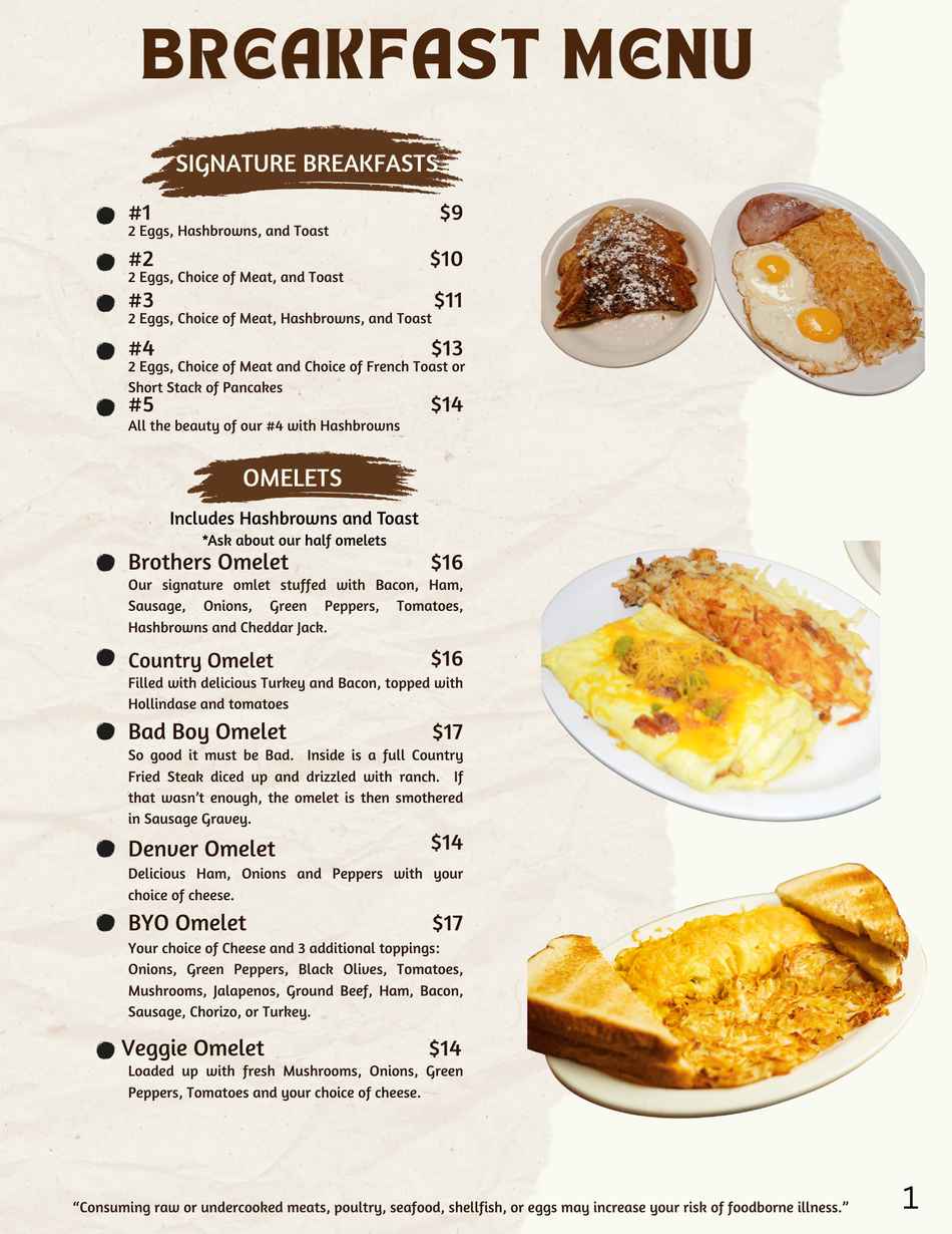 A restaurant breakfast menu with a list of signature breakfasts, omelets, and pricing, alongside photos of breakfast dishes.