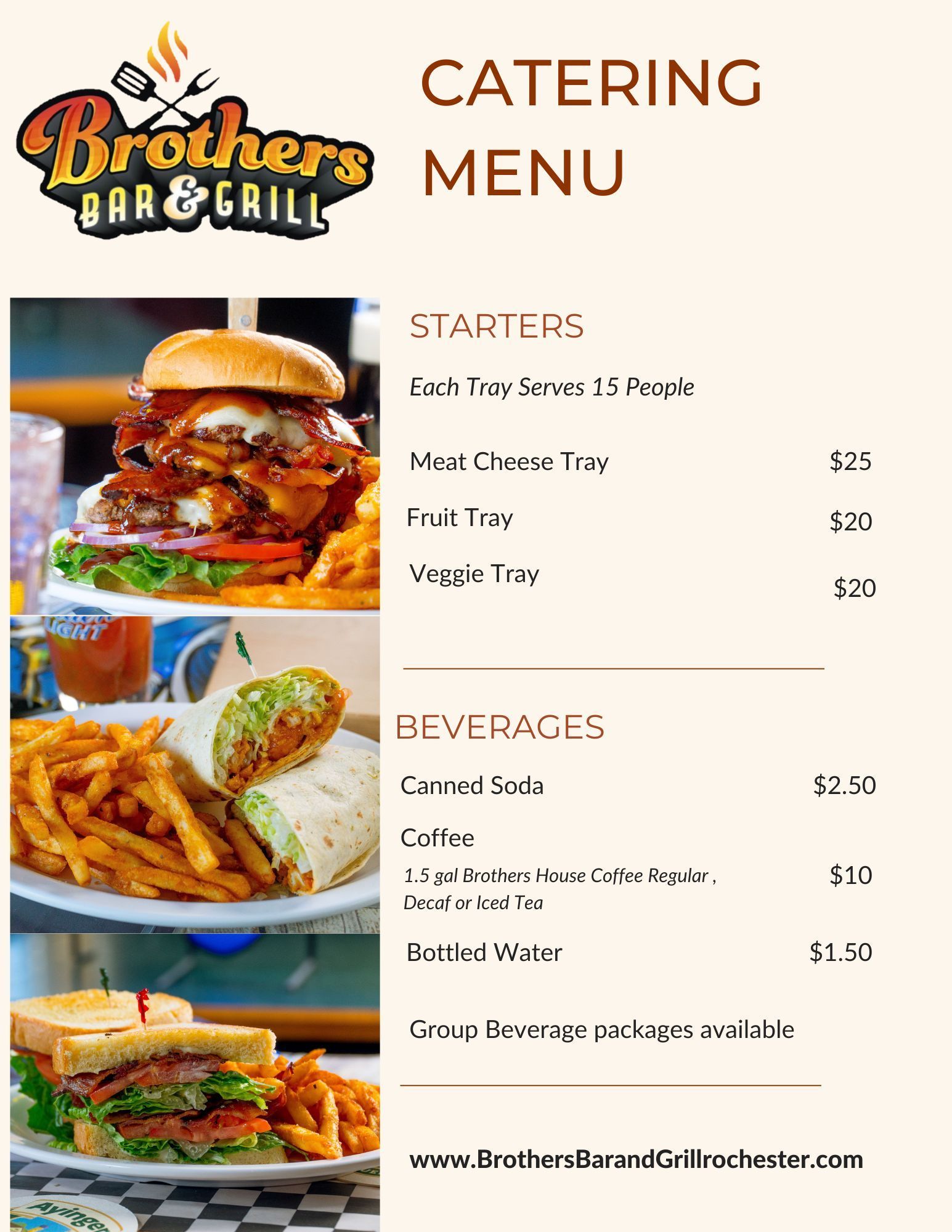 Catering menu for Brothers Bar & Grill, listing prices for starter trays and various beverage options.