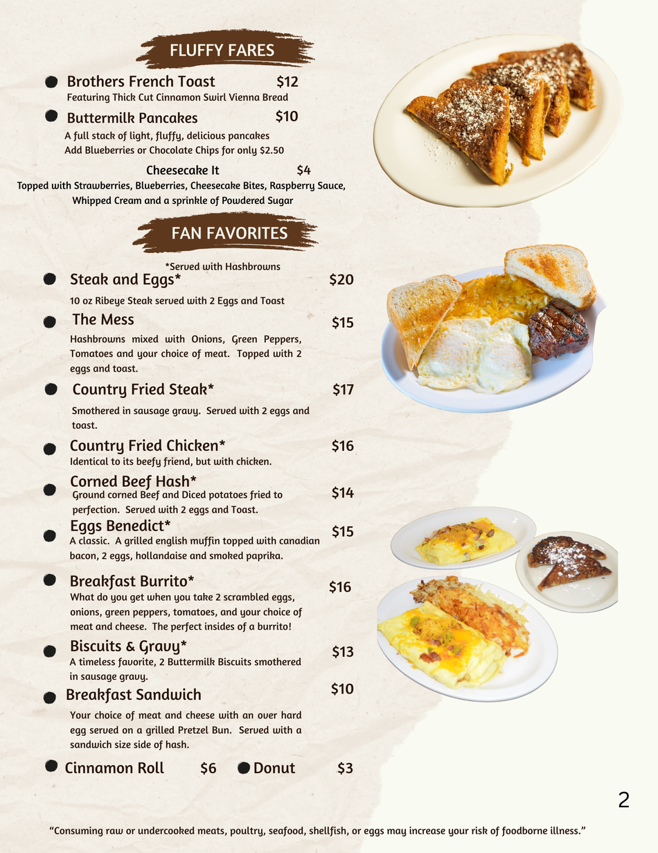 Breakfast menu featuring 