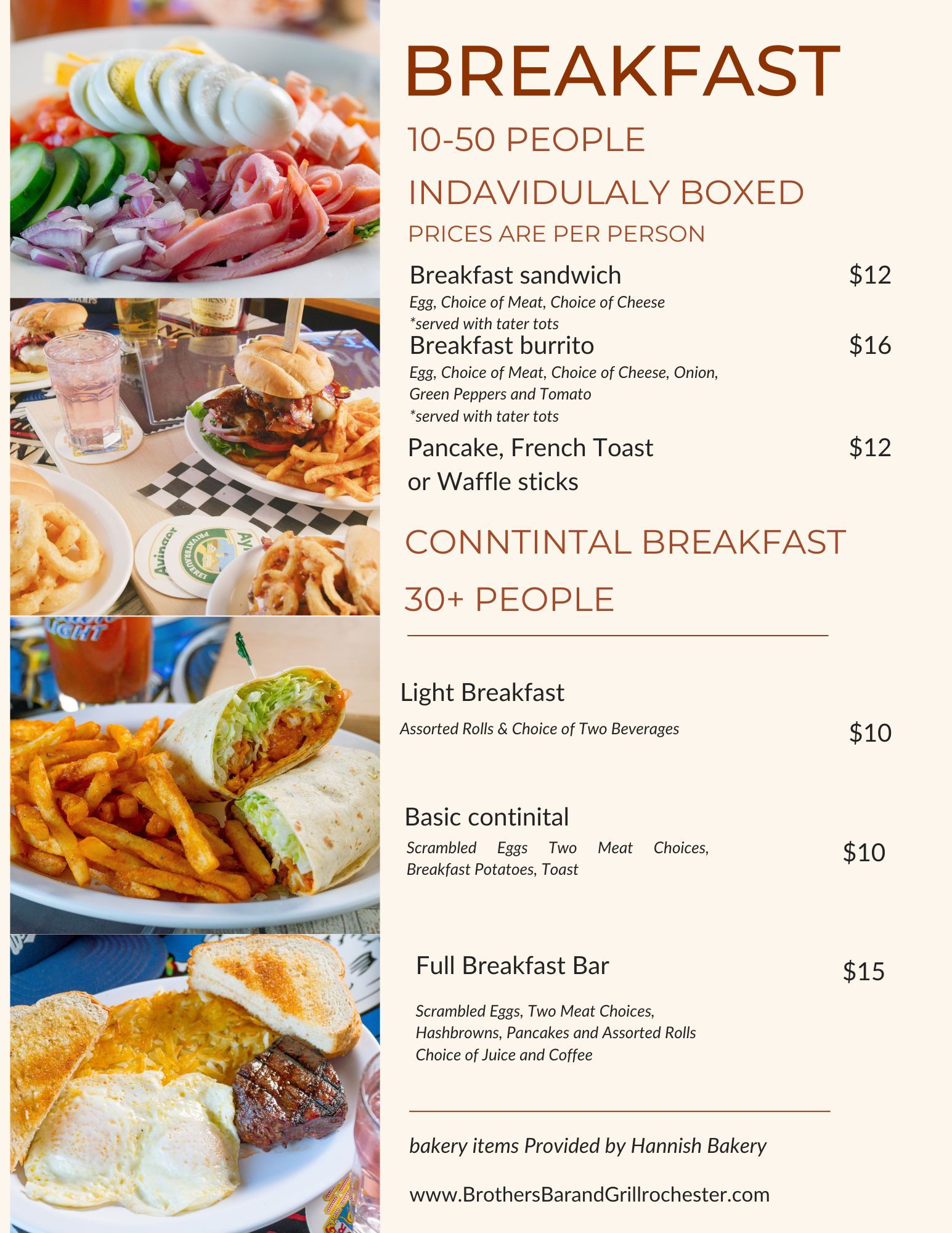 A catering breakfast menu with photos of various food dishes and pricing for individually boxed and continental options.