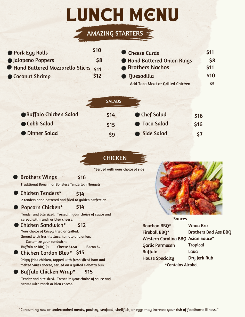 A Lunch Menu with sections for Amazing Starters, Salads, and Chicken, including a photo of buffalo wings.