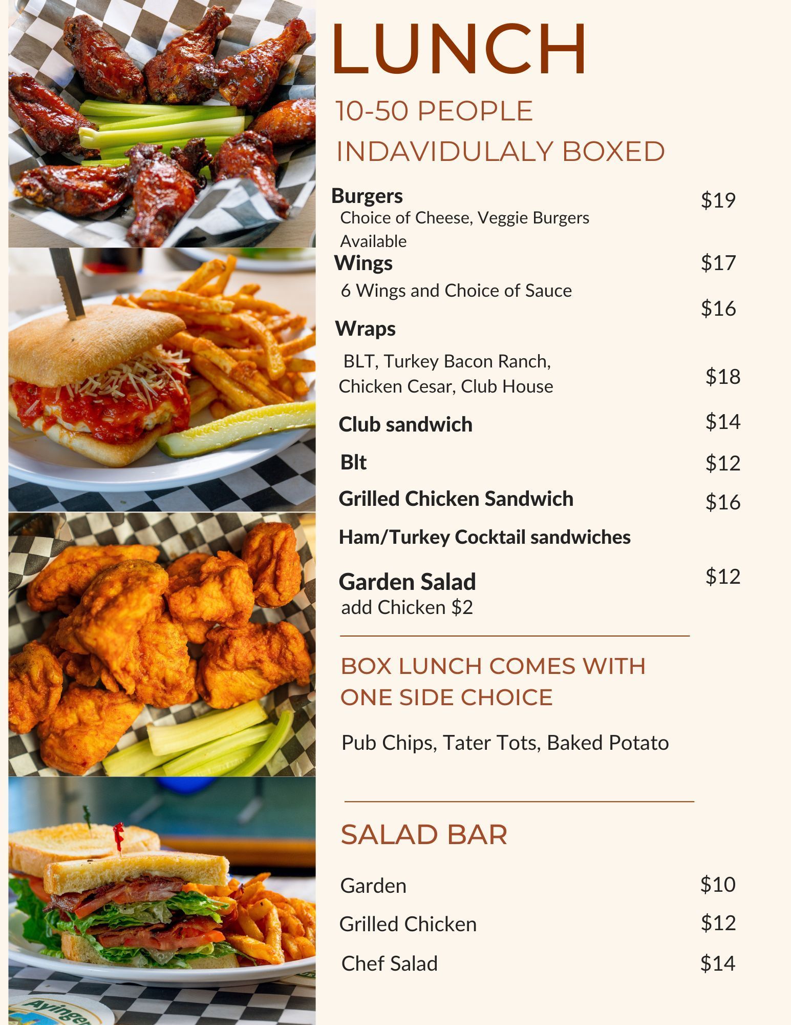 A menu for catered lunch boxes and salad bars, featuring photos of wings, sandwiches, and salads with pricing lists.