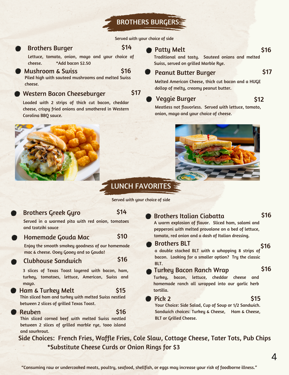 A restaurant menu page featuring 