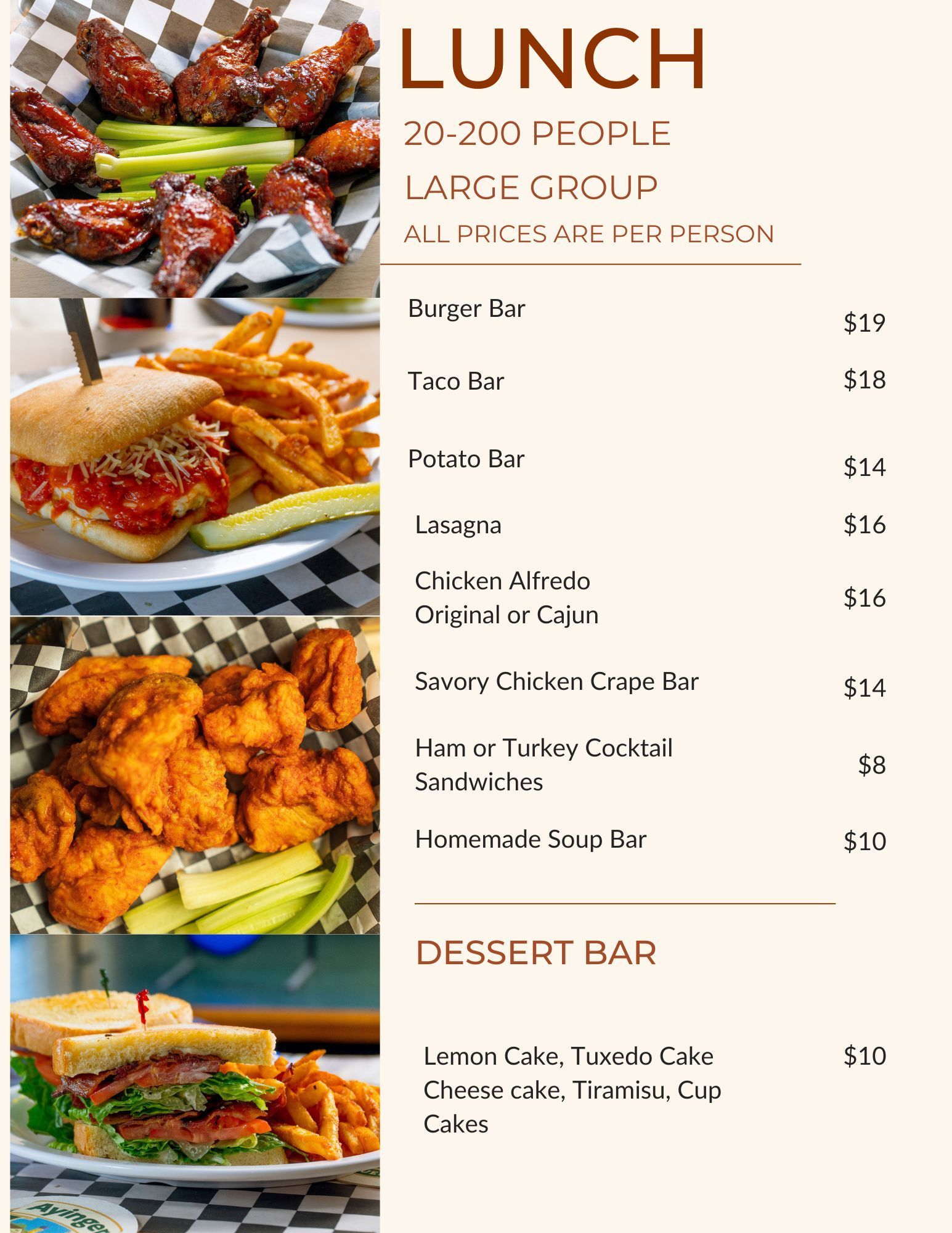 Menu for a lunch catering service for 20-200 people, listing food options and prices alongside images of meal platters.