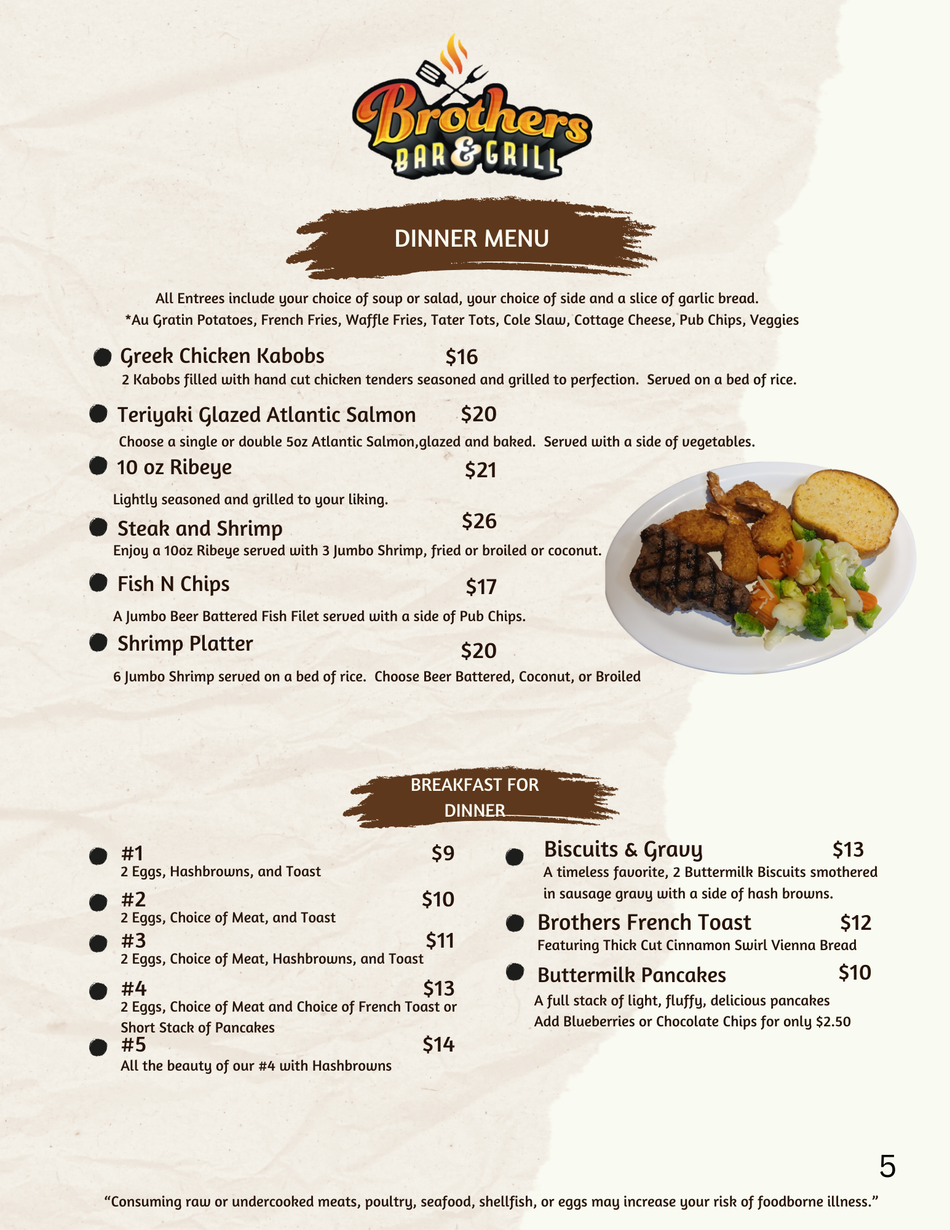 A menu for Brothers Bar & Grill listing various dinner and breakfast meal options with their respective prices.