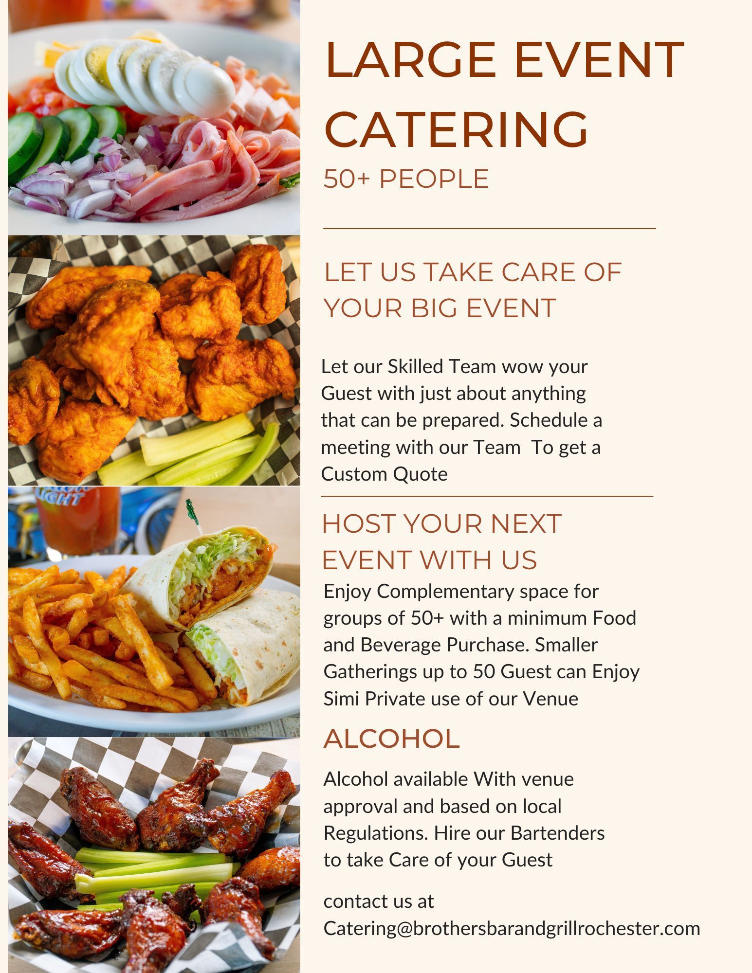 A catering flyer for large events showing food photos and info on booking, venue space, and alcohol services.