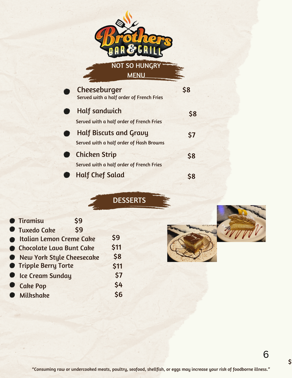 Menu for Brothers Bar & Grill listing 