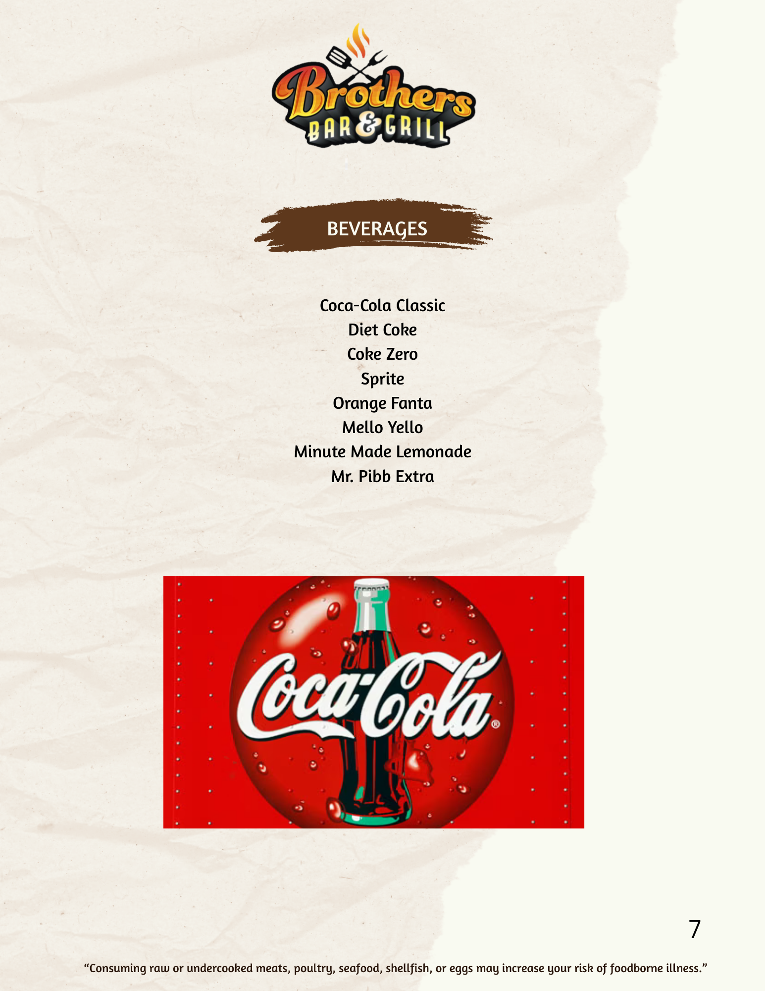 Menu for Brothers Bar & Grill listing beverages, featuring a large Coca-Cola logo and bottle illustration.