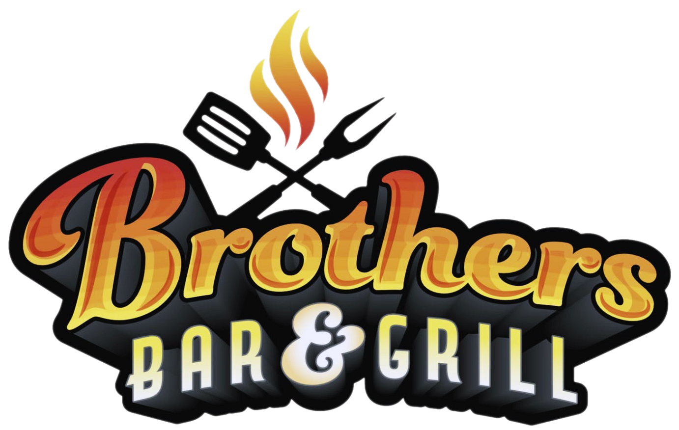 Logo for Brothers Bar & Grill featuring a flame above a crossed spatula and fork, with stylized orange and black lettering.