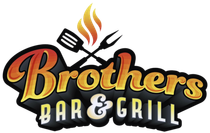 Logo for Brothers Bar & Grill featuring a flame above a crossed spatula and fork, with stylized orange and black lettering.