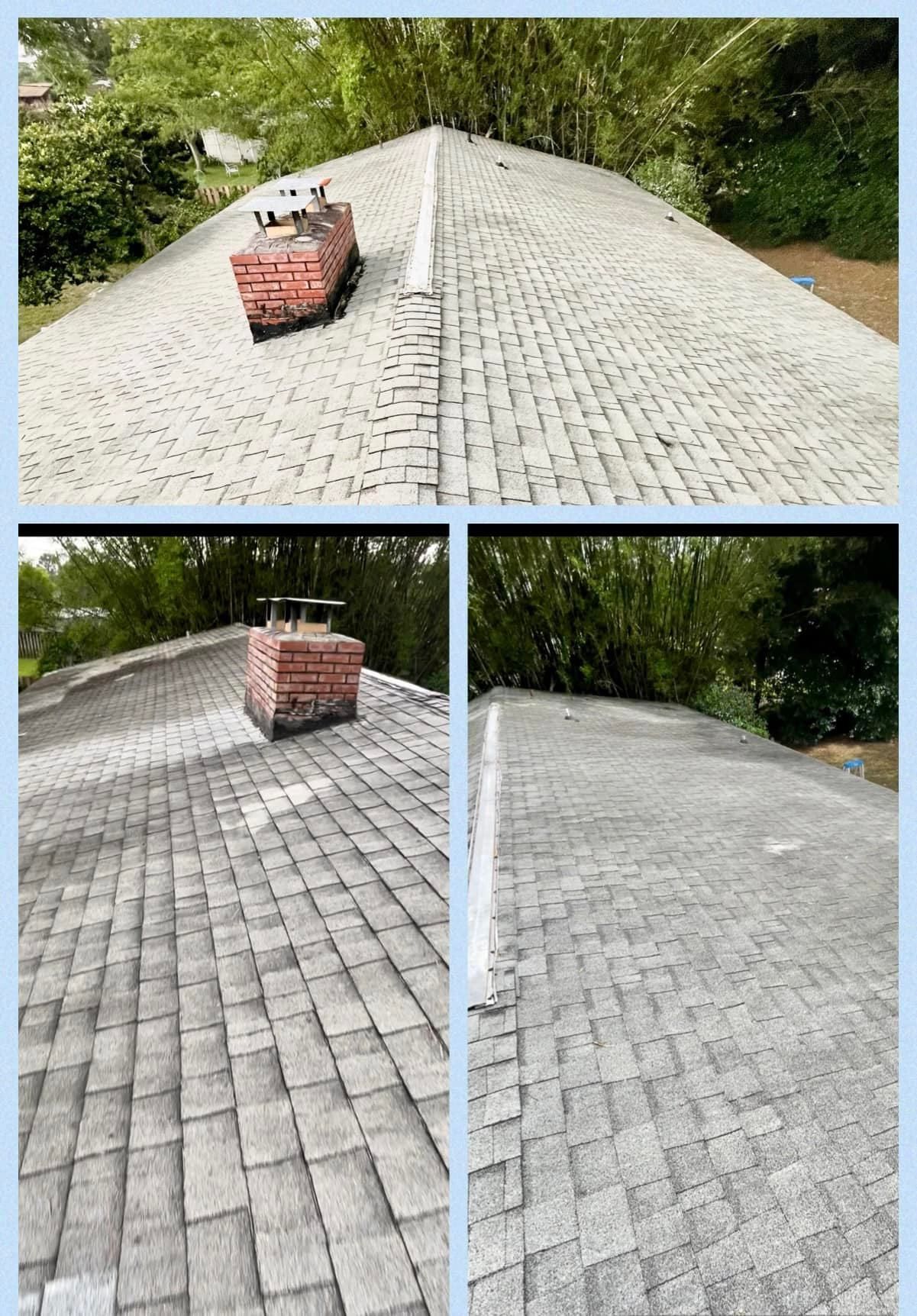 Three photos show different views of a residential asphalt shingle roof with a brick chimney and surrounding trees.