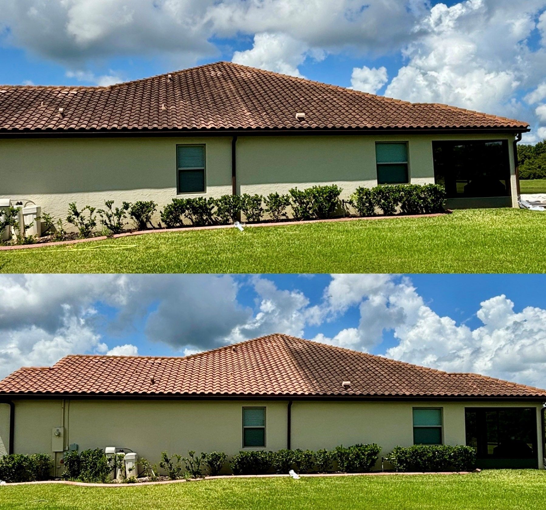 Before and after comparison of a home exterior showing roof cleaning results against a green lawn and blue sky.