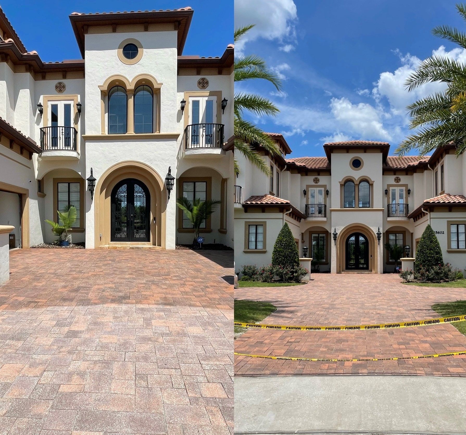 A split-screen comparison showing a Mediterranean-style home exterior with a paver driveway, before and after landscaping.