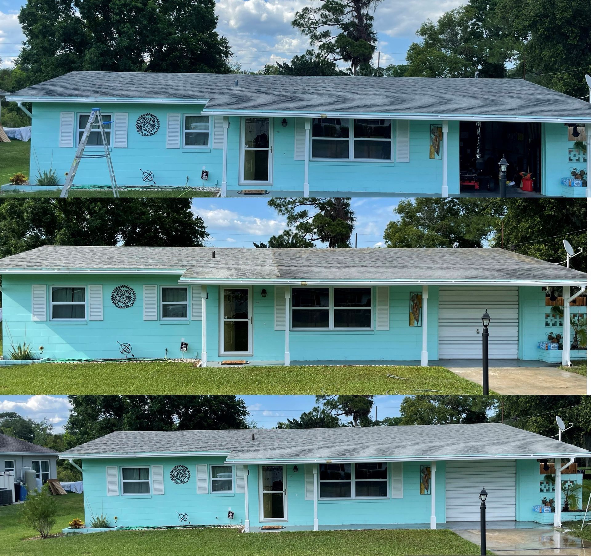 A three-panel collage showing a light blue house undergoing exterior improvements, including the addition of a garage door.