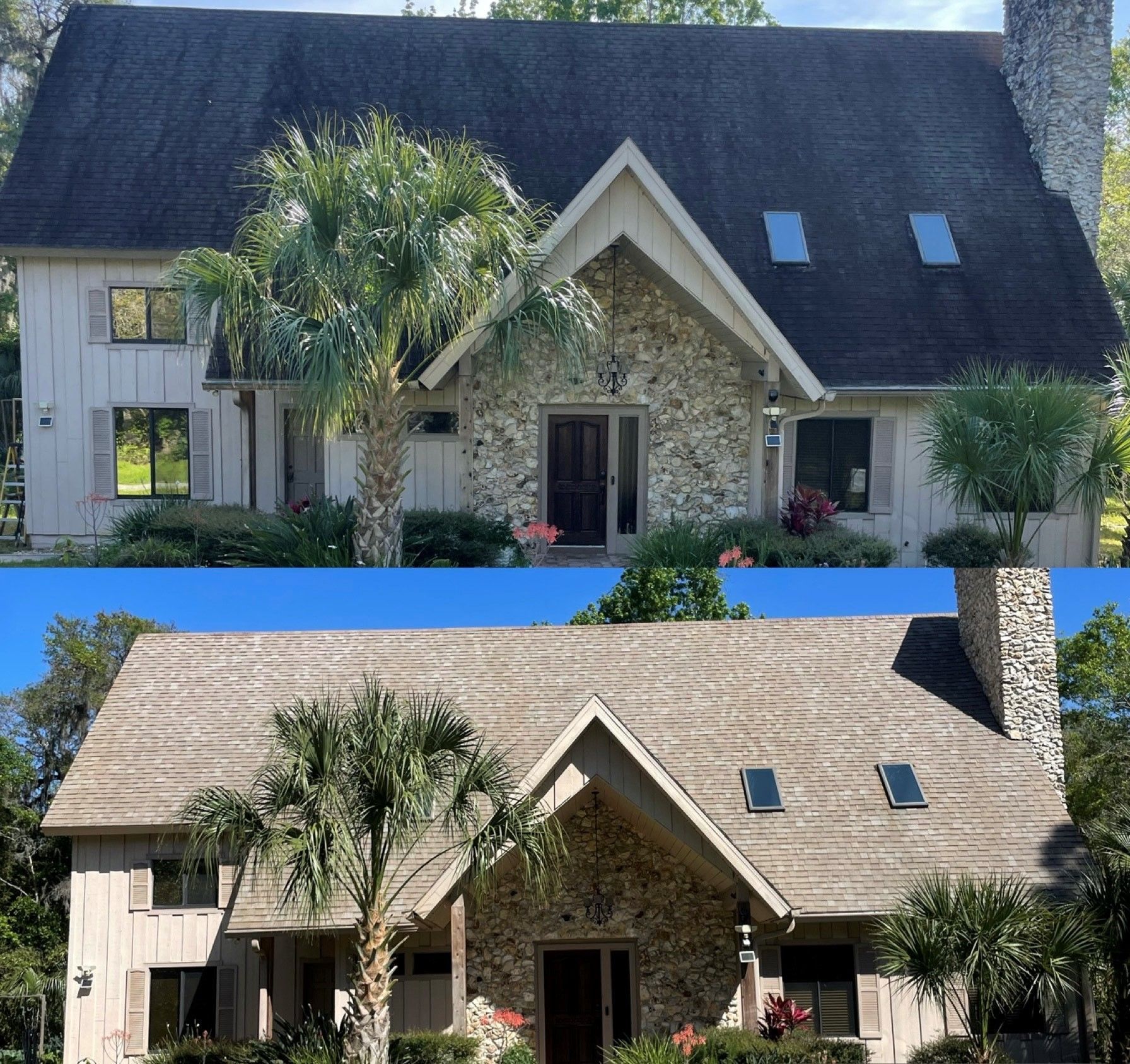 Before and after comparison of a house roof showing the removal of dark mold stains to reveal a lighter shingle color.