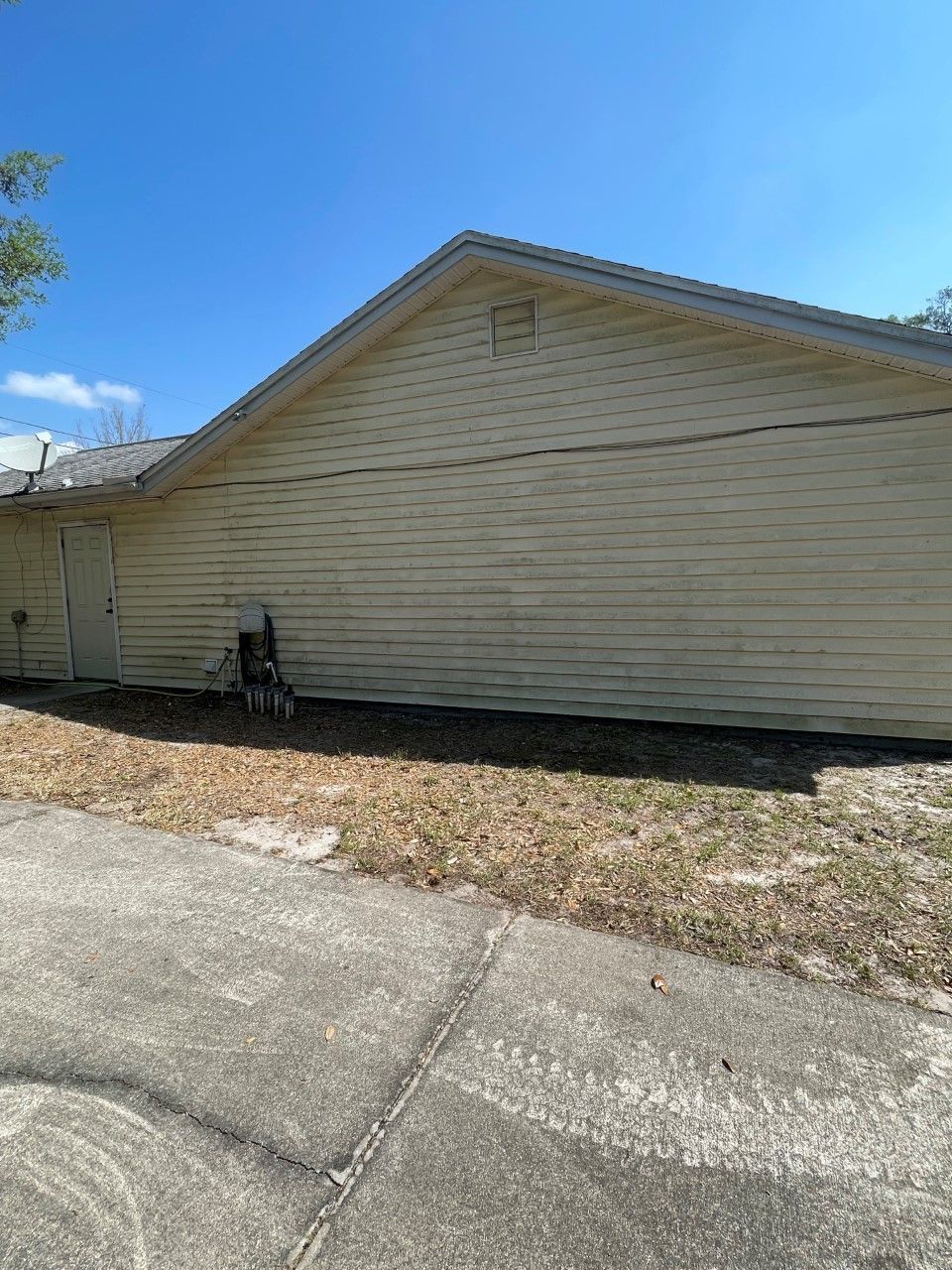 The side view of a house with pale yellow horizontal siding, a door on the left, and a concrete driveway in the foreground.
