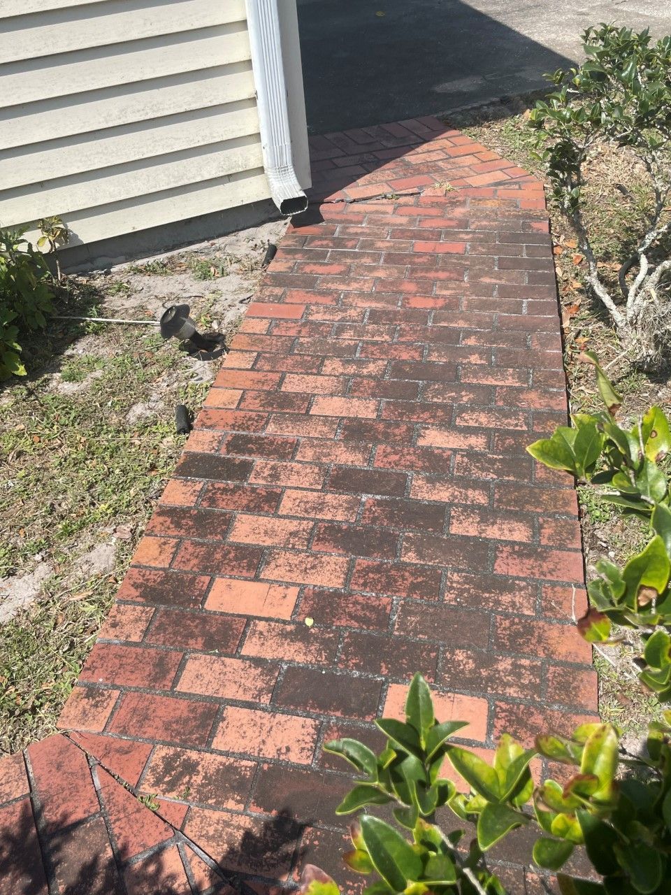 A red brick walkway leading to the side of a house with beige siding and a gutter downspout.