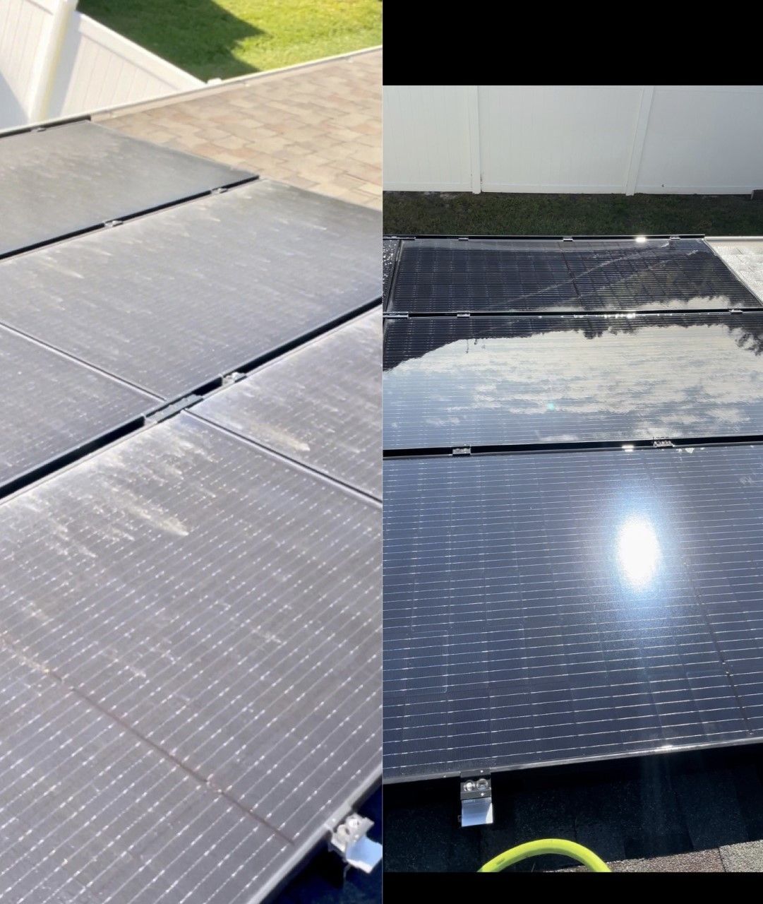 A split-screen comparison showing solar panels covered in dirt on the left and clean, reflective panels on the right.