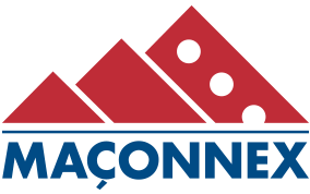 Un logo rouge et bleu pour maconnex avec une montagne en arrière-plan
