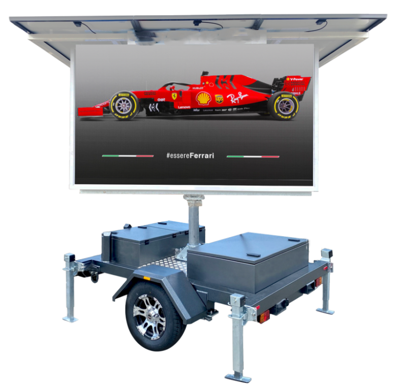 Solar-powered Digital Display Trailer Showing a Red Ferrari Race Car — HYVIS Plant Hire Pty Ltd in Mulambin, QLD
