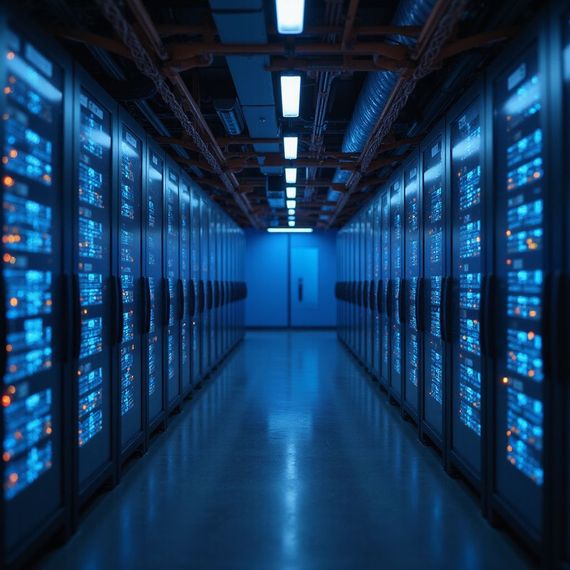 Blue-lit server room hallway with rows of data racks and a closed door at the end