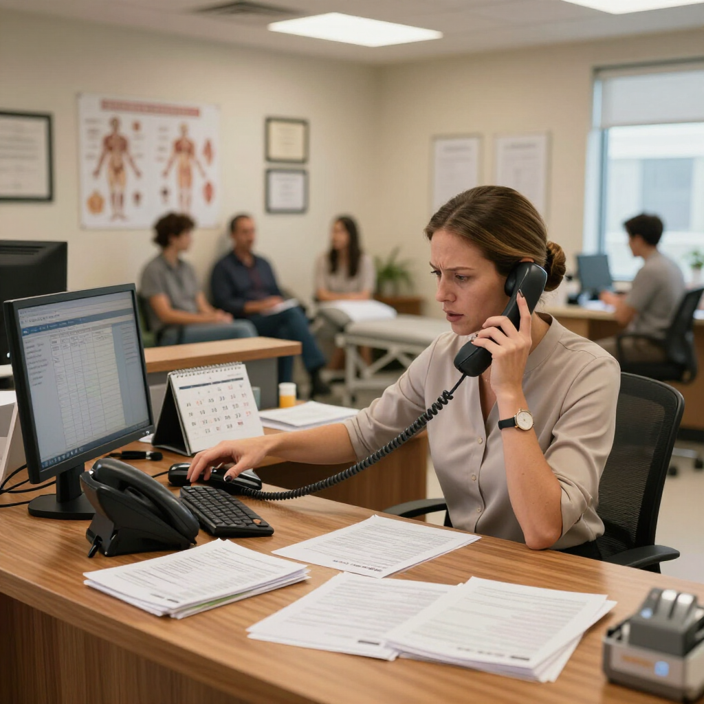 An office worker talks on a landline phone at a desk with computer monitors, documents, and a calendar in a medical office.
