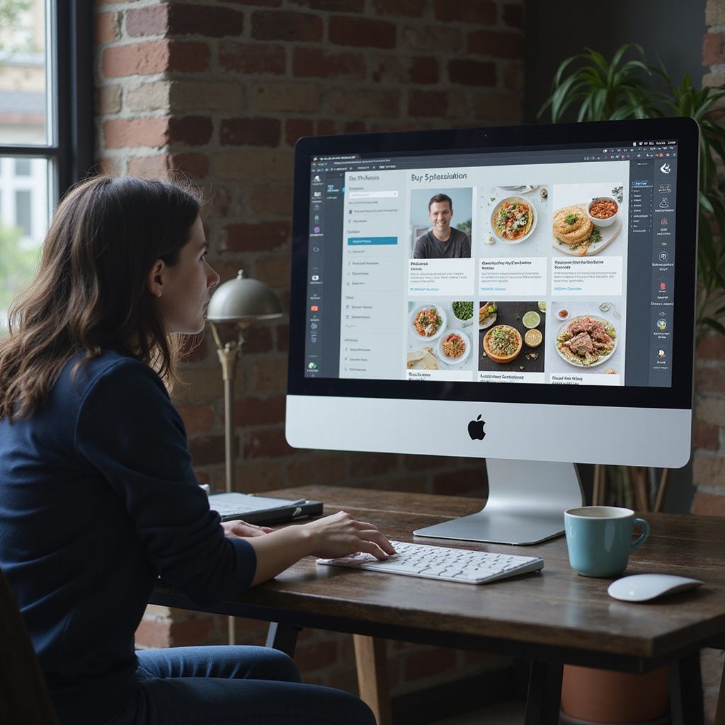 Woman at a desk using a computer, searching for recipes, with a brick wall background.