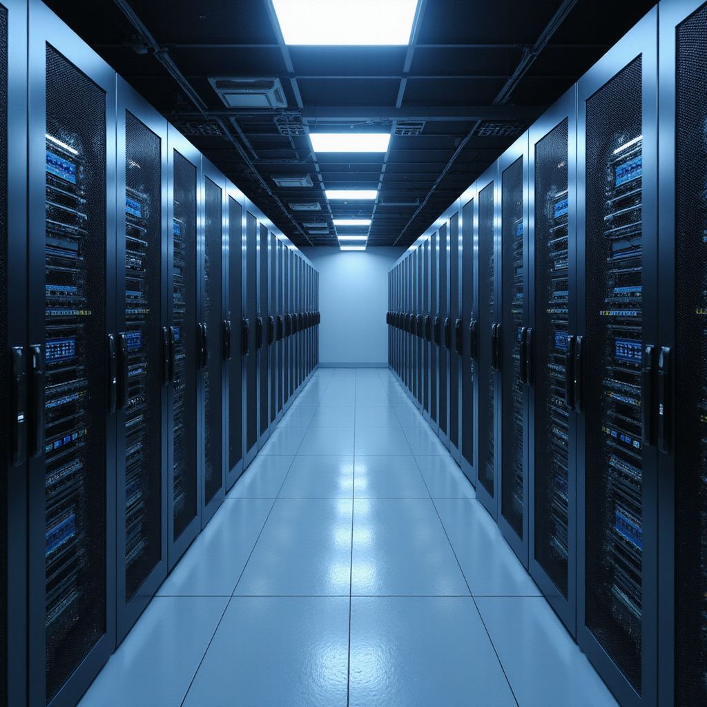 A blue-lit server room aisle with rows of data racks on both sides