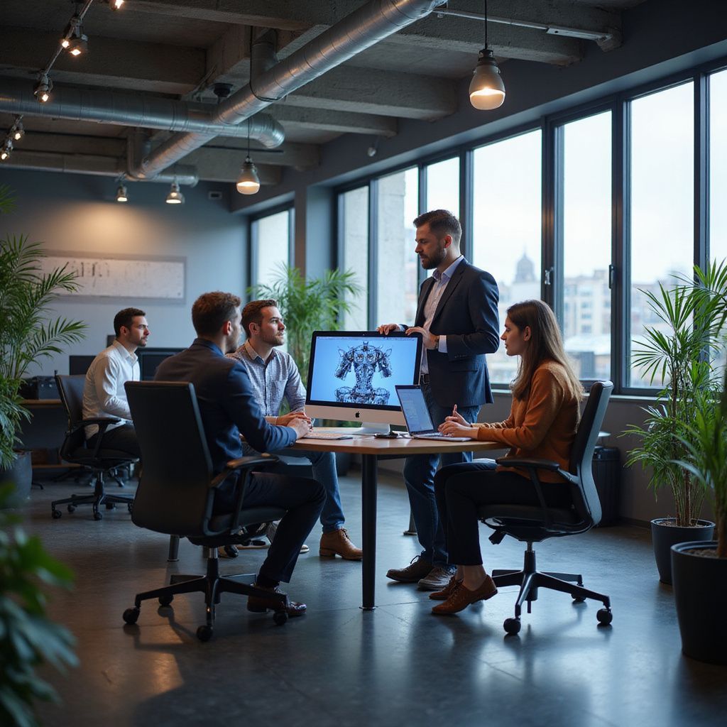 Team meeting in a modern glass office, with people gathered around a laptop and monitor.
