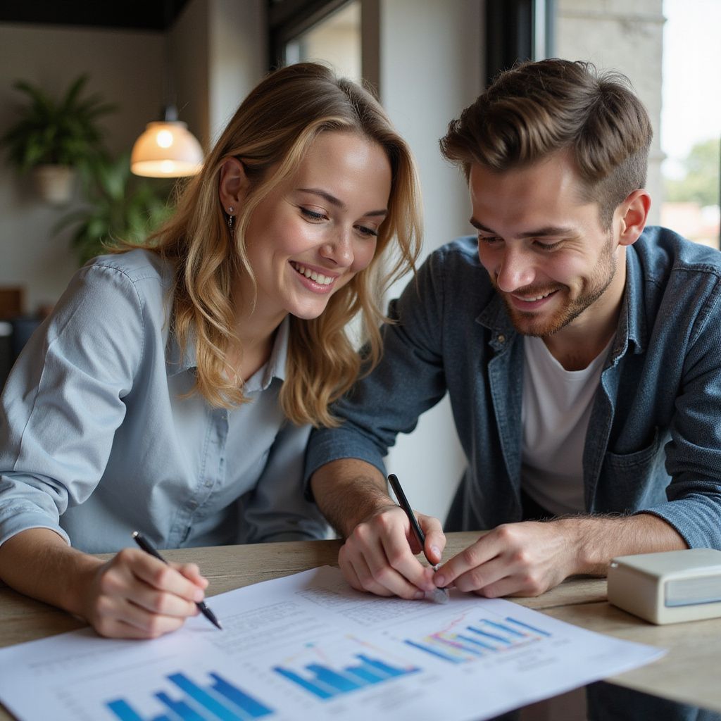Smiling couple reviews financial reports together at a table, indoors.