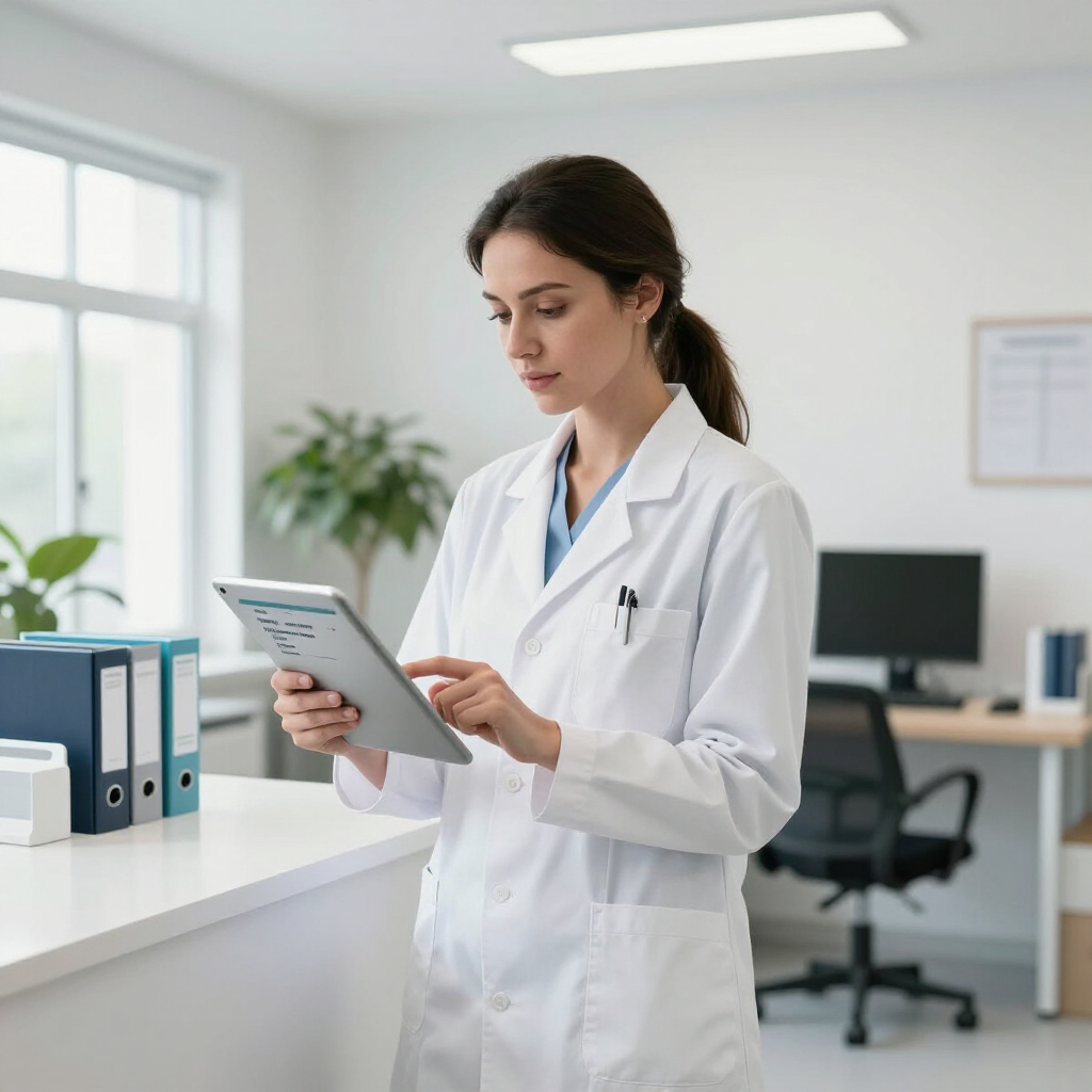 A medical professional in a white lab coat stands in an office, reviewing notes on a tablet.
