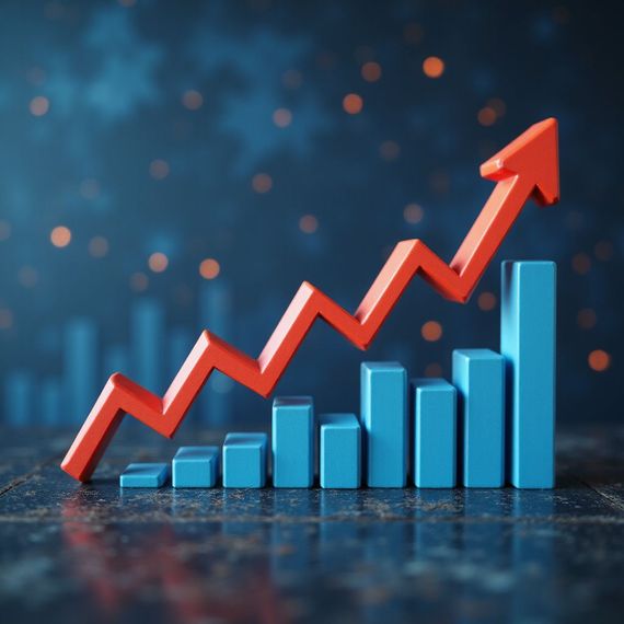 Blue bar chart with a red upward arrow showing rising growth