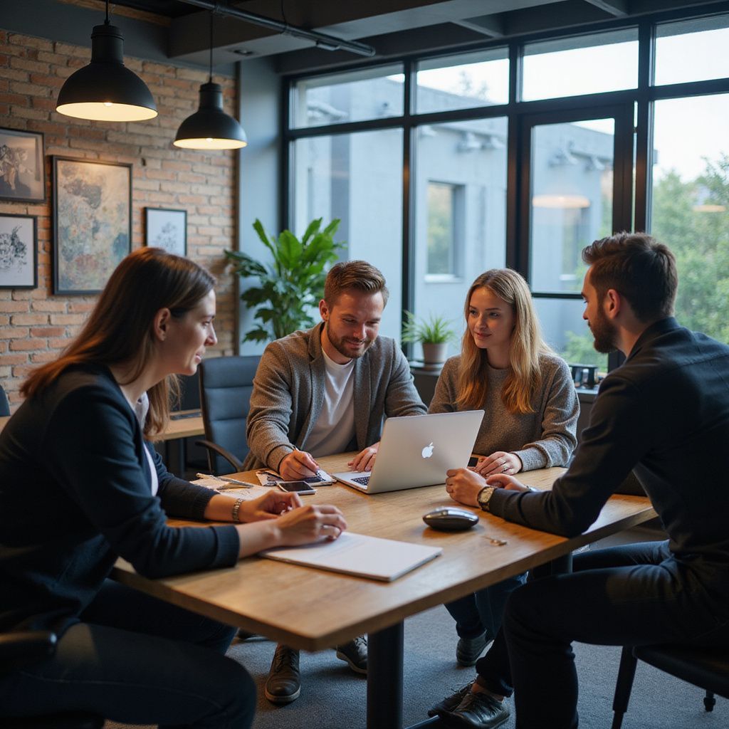 Four professionals collaborate around a wooden table in an office. They use a laptop, papers, and a small dish.