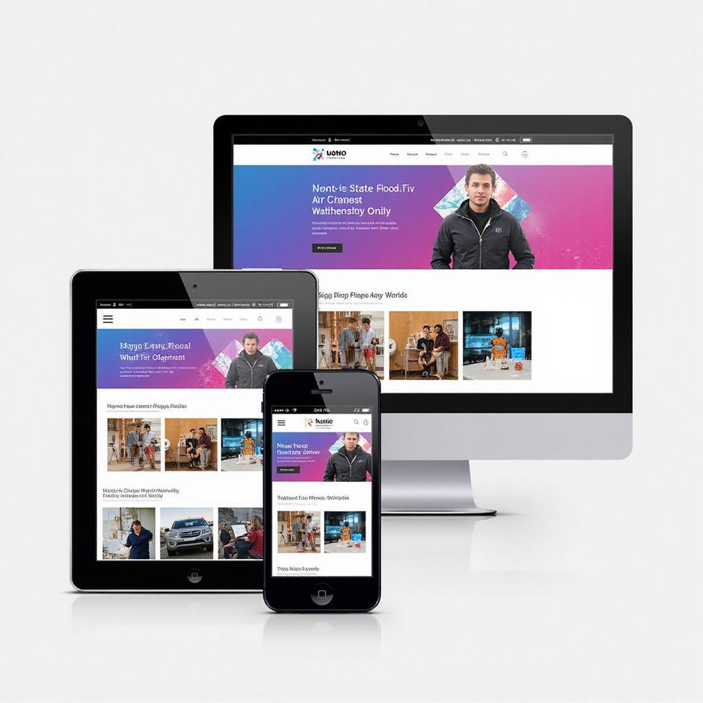 Website displayed on a desktop, tablet, and phone; user interface with purple and blue tones.