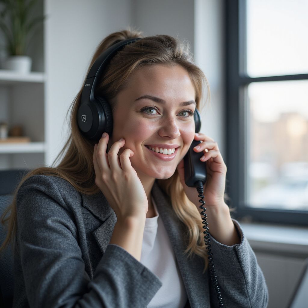 Smiling woman wearing headphones and holding a phone in a bright office setting