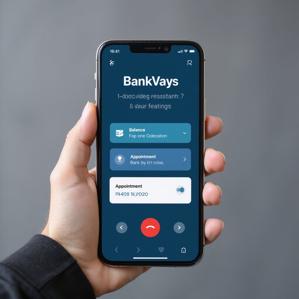 Hand holding phone displaying a BankVays app screen with call controls.
