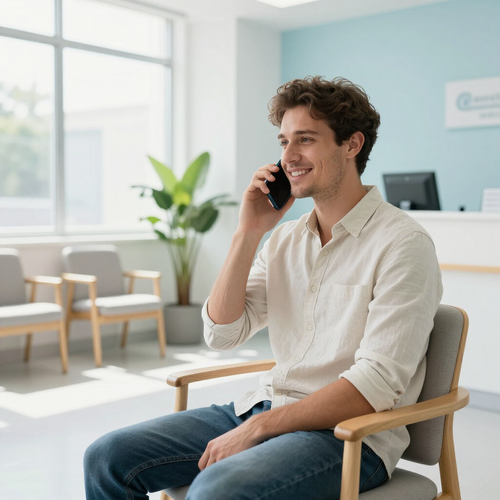 A person in a light-colored shirt and jeans sits in an office waiting area, smiling while talking on a smartphone.