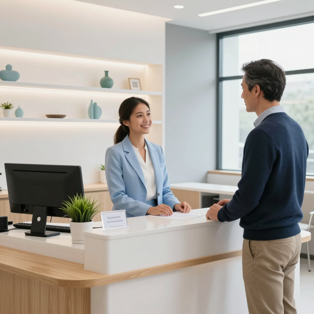 A receptionist in a light blue blazer smiles while assisting a person at a modern office reception desk.
