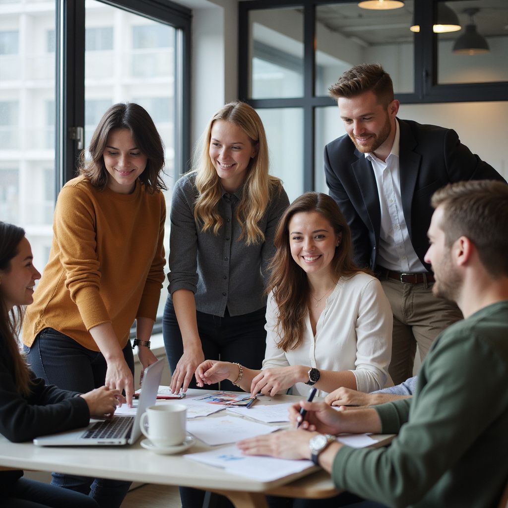 Team of diverse colleagues collaborating around a table in a well-lit office, smiling and looking at documents.