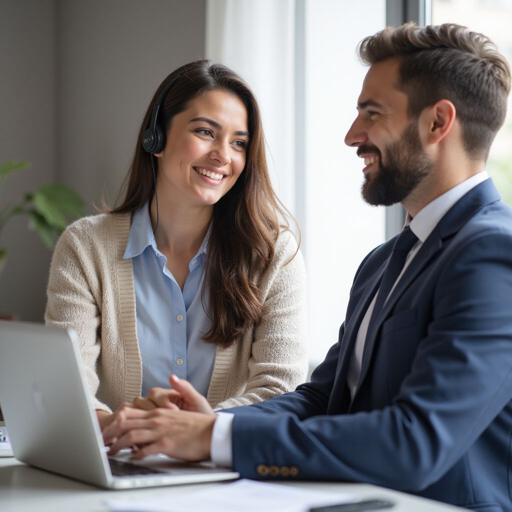 Woman with headset and man in suit smile at laptop.