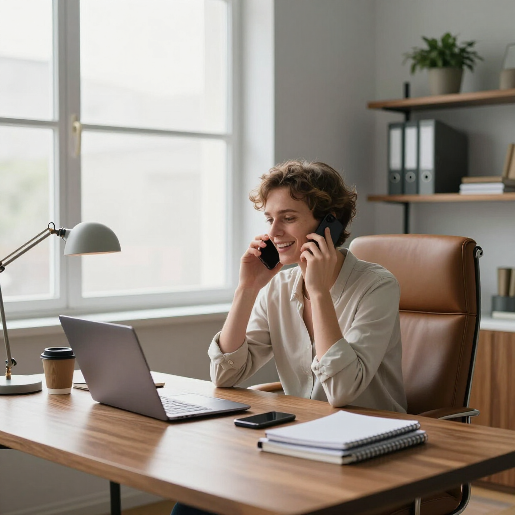 Person working at a desk, talking on two phones in a bright office with a laptop and notebook.