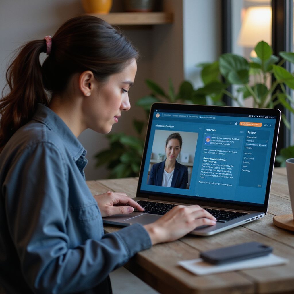 Woman in blue shirt, at a table, watches online video of another woman on a laptop.